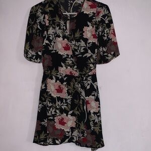 Boohoo Black Floral Wrap Mini Dress with Pink and Cream Blooms